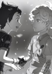 Rule 34 | 2boys, ahoge, bede (pokemon), blush, champion uniform, closed mouth, collared shirt, commentary, creatures (company), curly hair, dynamax band, eye contact, game freak, gloves, greyscale, hand grab, handshake, highres, holding hands, looking at another, male focus, monochrome, multiple boys, nintendo, open mouth, partially fingerless gloves, pokemon, pokemon swsh, sankaku, shirt, short hair, short sleeves, single glove, sweat, teeth, undershirt, upper teeth only, victor (pokemon)