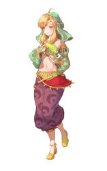 Rule 34 | 1boy, ahoge, anklet, aqua eyes, arabian clothes, baggy pants, bare shoulders, belt, blonde hair, bridal gauntlets, circlet, closed mouth, commentary, crossdressing, detached sleeves, earrings, embarrassed, english commentary, full body, gerudo set (zelda), green footwear, green headwear, green sleeves, hands up, harem pants, head scarf, highres, jewelry, kuzel (bonolangje), link, long hair, looking down, male focus, midriff, navel, necklace, nintendo, official alternate costume, pants, puffy detached sleeves, puffy sleeves, purple pants, shoulder strap, solo, standing, standing on one leg, sweatdrop, the legend of zelda, trap, white background