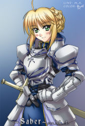 Rule 34 | 1girl, ahoge, armor, armored dress, artoria pendragon (fate), blonde hair, blush, chu31004, dress, fate/stay night, fate (series), faulds, gauntlets, green eyes, hair ribbon, hands on own hips, pauldrons, ribbon, saber (fate), shoulder armor, signature, solo