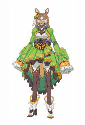 Rule 34 | 1girl, animal ears, ascot, black ascot, black thighhighs, breasts, brown hair, center frills, commentary request, dress, frilled dress, frills, full body, green dress, hair between eyes, highres, horse ears, horse girl, horse tail, long hair, looking at viewer, mechanization, medium breasts, multicolored hair, robot, sarcophage, satono diamond (umamusume), simple background, sleeves past fingers, sleeves past wrists, solo, streaked hair, tail, thighhighs, umamusume, very long hair, white background, white footwear, white hair