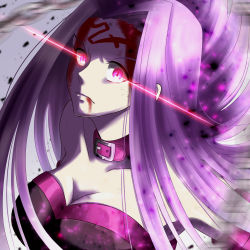 Rule 34 | 1girl, blood, blood on face, breasts, cleavage, closed mouth, collar, collarbone, fate/stay night, fate (series), floating hair, frown, glowing, glowing eyes, hair intakes, highres, illustration 07, large breasts, long hair, medusa (fate), medusa (rider) (fate), purple hair, red eyes, solo, square pupils, strapless, upper body, very long hair