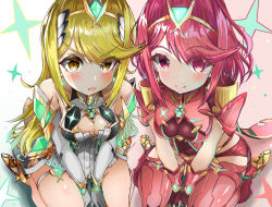 Rule 34 | 2girls, bare legs, bare shoulders, black gloves, blonde hair, breasts, chest jewel, cleavage, cleavage cutout, clothing cutout, dress, earrings, elbow gloves, fingerless gloves, gloves, jewelry, long hair, medium breasts, multiple girls, mythra (xenoblade), pyra (xenoblade), red eyes, red hair, red legwear, red shorts, rundymentos, short dress, short hair, short shorts, shorts, sitting, swept bangs, thigh strap, thighhighs, tiara, upturned eyes, very long hair, wariza, white dress, white footwear, white gloves, xenoblade chronicles (series), xenoblade chronicles 2, yellow eyes