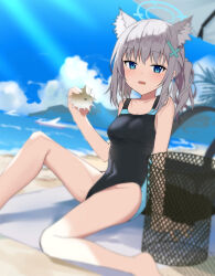 1girl absurdres animal_ears beach blue_archive blue_cross blue_eyes blue_halo blush breasts competition_swimsuit covered_navel day grey_hair halo highres light_rays looking_at_viewer medium_breasts one-piece_swimsuit open_mouth outdoors shiroko_(blue_archive) sitting soha_(sirohase) solo swimsuit trash_can wolf_ears