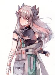 Rule 34 | 1girl, arknights, asymmetrical gloves, bandaged arm, bandages, bandaid, bandaid on face, black gloves, black shirt, chinese commentary, coat, commentary request, cotayomengmiao, dragon horns, gloves, grey hair, highres, horns, long hair, looking to the side, mismatched gloves, official alternate costume, orange eyes, painting (medium), saria (arknights), saria (stronghold) (arknights), shirt, simple background, sleeveless, sleeveless shirt, solo, traditional media, upper body, v-shaped eyebrows, watercolor (medium), white background, white coat, white gloves