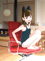 Rule 34 | 1girl, animal ears, bdsm, blue eyes, blue one-piece swimsuit, brown hair, cat ears, cat tail, chair, child, collar, cotowari, feet, flat chest, highres, long hair, office chair, one-piece swimsuit, open mouth, pet play, school swimsuit, slave, smile, solo, squatting, swimsuit, swivel chair, tail