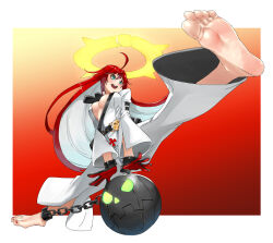 Rule 34 | 1girl, ahoge, ankh necklace, ball and chain restraint, barefoot, belt, border, breasts, center opening, chain, spiked halo, eiji (eiji), feet, foot focus, foreshortening, gloves, guilty gear, guilty gear strive, hair between eyes, halo, highres, jack-o&#039; valentine, large breasts, long hair, multicolored hair, open mouth, red background, red hair, simple background, solo, two-tone hair, white background, white hair