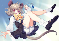 Rule 34 | 1girl, :d, animal ears, black footwear, bloomers, bow, bowtie, full body, grey hair, grey skirt, grey tail, grey vest, jewelry, long sleeves, mouse ears, mouse tail, nazrin, necklace, open mouth, puffy sleeves, red eyes, shirt, shoe soles, skirt, smile, socks, solo, tail, tomobe kinuko, touhou, underwear, vest, white bloomers, white shirt, white socks, yellow bow, yellow bowtie