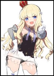 Rule 34 | 1girl, anchor symbol, azur lane, black border, black panties, blonde hair, blue bow, blue bowtie, blue eyes, blunt bangs, blush, border, bow, bowtie, breasts, caburi, commentary request, crown, detached collar, fang, gloves, hair bow, hairband, hand on own hip, highres, long hair, looking at viewer, mini crown, open mouth, panties, queen elizabeth (azur lane), side-tie panties, simple background, small breasts, solo, thighhighs, underwear, very long hair, white background, white bow, white gloves, white thighhighs