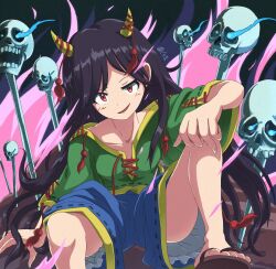 Rule 34 | 1girl, aura, baggy clothes, baggy pants, baggy shorts, barefoot sandals (jewelry), black hair, blue shorts, flip-flops, green shirt, grin, gurina 15, highres, horns, kneehighs, long hair, looking at viewer, nippaku zanmu, oni, oni horns, pants, sandals, shirt, shorts, single kneehigh, single sock, skull, smile, smug, socks, solo, string, string of fate, touhou, unfinished dream of all living ghost, very long hair, yellow horns