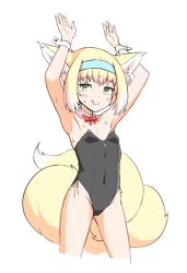 Rule 34 | 1girl, :q, animal ears, arknights, armpits, black leotard, blue hairband, blush, bow, bowtie, commentary, english commentary, fox ears, fox tail, green eyes, hairband, hands up, highleg, highleg leotard, jalm, leotard, looking at viewer, multiple tails, red bow, red bowtie, side-tie leotard, simple background, smile, solo, standing, suzuran (arknights), tail, tongue, tongue out, white background