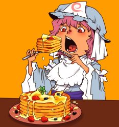 Rule 34 | 1girl, blueberry, butter, commentary request, dripping, eating, food, fork, fruit, hat, japanese clothes, kimono, knife, long sleeves, mob cap, obi, onikobe rin, open mouth, orange background, pancake, purple hair, red eyes, saigyouji yuyuko, sash, short hair, pancake stack, strawberry, table, teeth, tongue, touhou, triangular headpiece, veil, wide sleeves