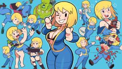 Rule 34 | 1girl, beaker, black bra, blonde hair, blue background, blue bodysuit, bodysuit, bra, breasts, cleavage, drunk, fallout (series), fallout 4, gashi-gashi, glasses, highres, looking at viewer, medium breasts, mob face, multiple views, mutation, navel, one eye closed, open bodysuit, open clothes, parted lips, short hair, simple background, smile, solid oval eyes, squeans, treasure chest, underwear, vault girl