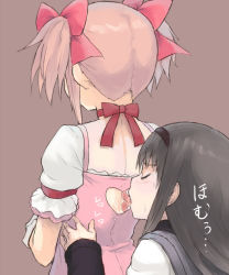 Rule 34 | 10s, 2girls, afterimage, akemi homura, back, back cutout, black hair, bow, chiwino, closed eyes, clothing cutout, hair bow, hairband, heart, heart cutout, homu, kaname madoka, licking, magical girl, mahou shoujo madoka magica, mahou shoujo madoka magica (anime), multiple girls, pink hair, short twintails, sweat, text focus, tongue, translated, twintails, yuri