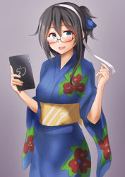 Rule 34 | 1girl, anti (untea9), black hair, blue kimono, blush, breasts, brown background, floral print, glasses, gradient background, green eyes, hair ribbon, hairband, highres, holding, holding tablet pc, japanese clothes, kantai collection, kimono, long hair, long sleeves, looking at viewer, ooyodo (kancolle), open mouth, ribbon, semi-rimless eyewear, small breasts, solo, tablet pc, white ribbon, wide sleeves, yukata