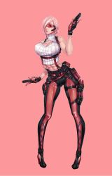 Rule 34 | 1girl, abs, bad anatomy, breasts, cleavage, cleavage cutout, clothing cutout, dual wielding, full body, gloves, gun, high heels, highres, holding, large breasts, pink hair, pouch, red gloves, ribbed shirt, shirt, standing, weapon, wei (kaminari0411)
