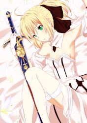 Rule 34 | 1girl, ahoge, artoria pendragon (all), artoria pendragon (fate), bare shoulders, blonde hair, bow, caliburn (fate), capcom, detached sleeves, fate/unlimited codes, fate (series), green eyes, hair bow, kikyou (kiss-shot), kiss-shot-0707, long hair, ponytail, saber (fate), saber lily, sheath, sheathed, solo, sword, thighhighs, weapon, white thighhighs
