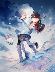 Rule 34 | 10s, 1boy, 1girl, 21grams, :d, boots, bow, brown hair, closed eyes, father and daughter, hair ribbon, holding hands, hat, hetero, hug, inari (kyousougiga), interlocked fingers, jacket, koto (kyousougiga), kyousougiga, mask, open mouth, petals, pleated skirt, ribbon, short hair, skirt, sky, smile, thighhighs
