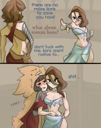 Rule 34 | 3girls, back, black eyes, blush, braid, brown hair, centurii-chan (artist), drooling, english text, front-tie top, grabbing, grabbing another&#039;s breast, greco-roman clothes, hair between eyes, hand under clothes, hand under skirt, highres, lion pelt, mouth drool, multiple girls, navel, open mouth, original, pointing, profanity, red tunic, roman clothes, yuri