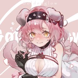Rule 34 | 1girl, 28523797, alternate costume, animal ears, arknights, bare shoulders, black choker, black gloves, black hairband, blush, breasts, cat ears, cat girl, cat tail, center opening, character name, chest strap, choker, cleavage, closed mouth, commentary request, crying, crying with eyes open, dress, floppy ears, gloves, goldenglow (arknights), hairband, heart, highres, large breasts, lightning bolt print, long hair, looking at viewer, pink hair, print hairband, sleeveless, sleeveless dress, solo, tail, tears, unbuttoned, upper body, white dress, yellow eyes