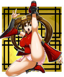 Rule 34 | 1girl, arc system works, bare shoulders, boots, breasts, brown eyes, brown hair, cameltoe, china dress, chinese clothes, covered erect nipples, detached sleeves, dress, guilty gear, hair ornament, high kick, highres, kicking, kneepits, kuradoberi jam, large breasts, long hair, looking up, miniskirt, okyou, open mouth, panties, pink panties, shiny skin, skirt, solo, spread legs, teeth, thighs, translation request, underwear, upskirt, very long hair