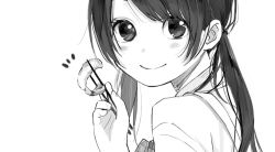 Rule 34 | 1girl, chopsticks, close-up, commentary request, food, from side, greyscale, holding, holding chopsticks, holding food, looking at viewer, monochrome, sako (35s 00), shrimp, shrimp tempura, simple background, smile, solo, swept bangs, tempura, twintails, white background
