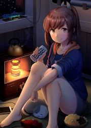 Rule 34 | 1girl, barefoot, blush, breasts, brown eyes, brown hair, can, cat, chips (food), controller, food, game console, game controller, highres, historical name connection, holding, holding can, hood, hood down, hooded jacket, i-401 (kancolle), ichikawa feesu, indoors, jacket, kantai collection, looking at viewer, monster energy, name connection, nintendo 64, open clothes, open jacket, open mouth, ponytail, potato chips, school swimsuit, short hair, sitting, smile, solo, swimsuit, swimsuit under clothes, tan, thighs