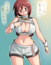 Rule 34 | 1girl, aquarion (series), aquarion evol, bespectacled, blush, breasts, brown eyes, brown hair, cleavage, cleavage cutout, clothing cutout, cosplay, curvy, glasses, large breasts, midriff, navel, aged up, open mouth, rozen maiden, short hair, short shorts, shorts, solo, souseiseki, translated, tsuda nanafushi, zessica wong, zessica wong (cosplay)