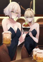 Rule 34 | 2girls, absurdres, ahoge, alcohol, animal ears, artoria pendragon (all), artoria pendragon (fate), bar (place), beer, beer mug, blonde hair, blu 1712, breasts, cup, drink, fake animal ears, fate/grand order, fate (series), food, highres, holding, holding drink, holding food, huge filesize, jeanne d&#039;arc (fate), jeanne d&#039;arc alter (avenger) (fate), jeanne d&#039;arc alter (fate), large breasts, leotard, mug, multiple girls, pantyhose, playboy bunny, rabbit ears, saber (fate), saber alter, short hair, sidelocks, silver hair, tsurime, yellow eyes