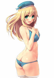 Rule 34 | 10s, 1girl, ass, atago (kancolle), bad id, bad pixiv id, bikini, blonde hair, blush, breasts, butt crack, green eyes, hand on own chest, hat, highres, kantai collection, kekemotsu, large breasts, long hair, looking at viewer, looking back, onow, open mouth, partially submerged, personification, shiny skin, simple background, skindentation, solo, swimsuit, wet, white background