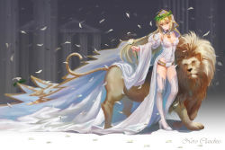 Rule 34 | 10s, 1girl, ahoge, bare shoulders, belt, blonde hair, breasts, chain, detached sleeves, fate/extra, fate/extra ccc, fate (series), flower, full body, green eyes, high heels, highres, laurel crown, leotard, lion, lock, long hair, looking at viewer, medium breasts, nero claudius (bride) (fate), nero claudius (bride) (third ascension) (fate), nero claudius (fate), nero claudius (fate) (all), petals, smile, solo, standing, thighhighs, ushas, white thighhighs