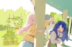 Rule 34 | 2girls, arknights, blue hair, blue skirt, blush stickers, brown dress, cardigan, chinese commentary, clenched hand, closed eyes, cobblestone, commentary request, cowboy shot, crossed arms, day, dress, furrowed brow, garden, halo, happy, highres, house, huang ya cai rou si chao niangao, lemuen (arknights), long hair, long sleeves, miniskirt, mostima (arknights), multiple girls, open cardigan, open clothes, open mouth, outdoors, parted bangs, pillar, pink hair, pleated skirt, puffy long sleeves, puffy sleeves, pumpkin, single blush sticker, skirt, smile, sweater, v-shaped eyebrows, white cardigan, white halo, white sleeves, yellow halo, yellow sleeves, yellow sweater