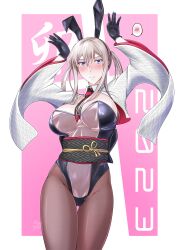 Rule 34 | 1girl, 2023, absurdres, alternate costume, animal ears, black gloves, black pantyhose, blonde hair, blue eyes, blush, breasts, chinese zodiac, cowboy shot, detached collar, detached sleeves, fake animal ears, gloves, graf zeppelin (kancolle), hair between eyes, highleg, highleg leotard, highres, kantai collection, large breasts, leotard, meme attire, misono chiaki, necktie, nontraditional playboy bunny, obi, pantyhose, rabbit ears, rabbit pose, red necktie, sash, sidelocks, solo, strapless, strapless leotard, translucent bunnysuit, twintails, wide sleeves, year of the rabbit
