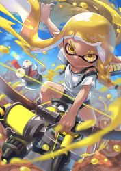 Rule 34 | 1girl, arm behind back, arms up, bike shorts, black shorts, blonde hair, blue sky, blurry, blurry foreground, bow (weapon), closed mouth, hairband, highres, holding, holding bow (weapon), holding weapon, inkling, inkling girl, inkling player character, iria (yumeirokingyo), long hair, looking at viewer, looking up, nintendo, outdoors, shirt, short shorts, short sleeves, shorts, sky, smallfry (splatoon), smile, solo, splatoon (series), splatoon 3, standing, v-shaped eyebrows, weapon, white shirt, yellow eyes