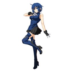 1girl 3d anime_coloring arm_at_side bare_arms bare_shoulders black_skirt blue_collar blue_dress blue_eyes blue_footwear blue_hair blue_pupils boots breasts ciel_(tsukihime) cleavage_cutout closed_mouth clothing_cutout collar collared_dress dress frown full_body game_cg glove_cuffs gloves hair_between_eyes hand_on_own_chest high_heel_boots high_heels highres large_breasts looking_at_viewer melty_blood melty_blood:_type_lumina miniskirt non-web_source official_art pleated_skirt powered_ciel short_hair sidelighting simple_background skirt sleeveless sleeveless_dress solo tachi-e takeuchi_takashi thigh_boots transparent_background tsukihime tsukihime_(remake) two-tone_footwear two-tone_gloves type-moon white_gloves