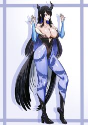 1girl absurdres adapted_costume animal_print asymmetrical_horns bare_shoulders bird_print black_footwear black_hair black_leotard black_wings blue_gloves blue_hair blue_pantyhose blush breasts bridal_gauntlets cleavage clothing_cutout colored_inner_hair contrapposto cosplay cutout_above_navel darkstalkers demon_girl demon_horns feathered_wings from_side full_body fur-trimmed_leotard fur_trim gloves hair_ornament heart_cutout highres holoadvent hololive hololive_english horns kurenai_kenta large_breasts leotard long_hair looking_at_viewer low_wings mole mole_under_eye morrigan_aensland morrigan_aensland_(cosplay) multicolored_hair nerissa_ravencroft nerissa_ravencroft_(1st_costume) off-shoulder_leotard pantyhose print_pantyhose red_eyes smile solo two-tone_hair uneven_horns virtual_youtuber wings