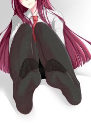 Rule 34 | 1girl, black panties, black pantyhose, blush, breasts, cameltoe, closed mouth, collared shirt, feet, fine fabric emphasis, girls&#039; frontline, gradient background, highres, hugging own legs, large breasts, legs together, long hair, md5 mismatch, mew-plus, necktie, panties, panties under pantyhose, pantyhose, purple hair, red necktie, resolution mismatch, shirt, simple background, sitting, soles, solo, striped clothes, striped shirt, sweatdrop, toes, underwear, very long hair, wa2000 (girls&#039; frontline)