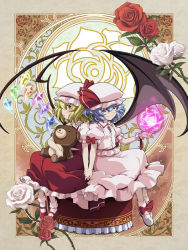 Rule 34 | 2girls, bat wings, blonde hair, blue hair, commentary request, hugging doll, dress, energy ball, flandre scarlet, flower, holding hands, lunamoon, mary janes, multiple girls, hugging object, pink dress, pink eyes, puffy short sleeves, puffy sleeves, red dress, red flower, red rose, remilia scarlet, rose, shirt, shoes, short sleeves, siblings, sisters, sitting, smile, stuffed animal, stuffed toy, symmetry, teddy bear, touhou, white flower, white rose, wings, wrist cuffs