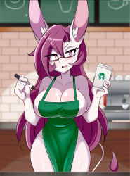 Rule 34 | 1girl, :3, absurdres, animal ears, apron, breasts, cachi (lucyfer), cleavage, coffee cup, cup, curvy, disposable cup, donkey ears, donkey girl, donkey tail, furry, glasses, green apron, highres, iced latte with breast milk (meme), indoors, large breasts, long hair, looking at viewer, lucyfer, meme, nail polish, naked apron, original, pen, sideboob, simple background, smile, solo, sweat, tail, very long hair, wide hips