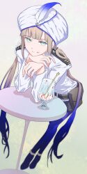 Rule 34 | 1boy, belt, belt pouch, black shorts, blue eyes, blue hair, blue pantyhose, blunt bangs, blurry, captain nemo (fate), closed mouth, crossed legs, depth of field, dutch angle, elbows on table, fate/grand order, fate (series), food, food on face, frown, full body, gradient hair, half-closed eyes, hand on own chin, hat feather, head rest, highres, jacket, leaning forward, long sleeves, looking at viewer, low twintails, male focus, multicolored hair, nemo (fate), own hands together, pantyhose, parfait, pouch, short shorts, shorts, shoulder boards, signature, solo, table, turban, twintails, waterstaring, watson cross, white jacket