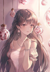 Rule 34 | 1girl, blurry, bottle, bracelet, braid, brown eyes, brown hair, collarbone, commentary, dress, earrings, glint, hair between eyes, hand up, jewelry, long hair, looking to the side, necklace, original, parted lips, ring, solo, strap slip, ttosom, upper body
