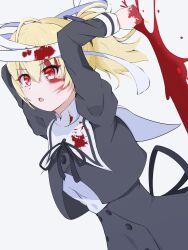 Rule 34 | 1girl, ahoge, andou tazusa, arms behind head, arms up, assault lily, bandaged head, bandages, black ribbon, black skirt, blonde hair, blood, blood on clothes, blood on face, blood on hands, blood sword, bloody bandages, body part swap, buttons, commentary request, grey background, hair between eyes, hair ribbon, high-waist skirt, highres, holding, holding sword, holding weapon, juliet sleeves, long sleeves, looking away, neck ribbon, ponytail, puffy sleeves, purple ribbon, red eyes, ribbon, school uniform, shirt, short hair, simple background, skirt, solo, sora umi ao, standing, sword, upper body, v-shaped eyebrows, weapon, white shirt, yurigaoka girls academy school uniform