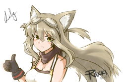 Rule 34 | 1girl, animal ears, artist name, bare shoulders, breasts, brown hair, character name, cleavage, fox, fox ears, gloves, goggles, green eyes, highres, large breasts, lily the mechanic, long hair, lost pause, original, pout, rakki, solo