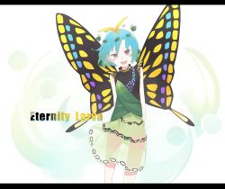 Rule 34 | 1girl, antennae, aqua hair, blush stickers, brown eyes, butterfly wings, character name, dress, eternity larva, fairy, feet out of frame, green dress, highres, insect wings, leaf, leaf on head, letterboxed, multicolored clothes, multicolored dress, o (crazyoton46), open mouth, short hair, single strap, smile, solo, teeth, touhou, upper teeth only, wings