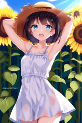 Rule 34 | 1girl, absurdres, armpits, arms behind head, arms up, black hair, blue eyes, blue sky, blush, breasts, cloud, cloudy sky, collarbone, commentary request, cow, dress, field, flower, hair ornament, hat, highres, himura moritaka, looking at viewer, medium breasts, open mouth, original, short hair, sky, smile, solo, straw hat, sun hat, sundress, sunflower, white dress, x hair ornament