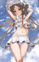 Rule 34 | 1girl, abigail williams (fate), abigail williams (swimsuit foreigner) (fate), abigail williams (swimsuit foreigner) (third ascension) (fate), animal, armpits, arms behind head, arms up, bare arms, bare shoulders, bikini, bird, blue eyes, bonnet, bow, braid, breasts, brown hair, closed mouth, commentary request, day, fate/grand order, fate (series), forehead, hair bow, highres, long hair, lux (dera ix), navel, outdoors, parted bangs, rainbow, small breasts, smile, solo, strapless, strapless bikini, striped, striped bow, swimsuit, twintails, underboob, very long hair, white bow, white headwear