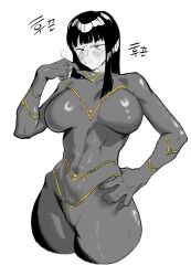 absurdres black_hair bodysuit breasts cameltoe cesara_(project_moon) clothes_pull covered_erect_nipples hand_on_own_hip highres large_breasts limbus_company project_moon skin_tight steaming_body sweat turtleneck turtleneck_bodysuit user_gdax2844