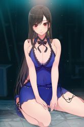 Rule 34 | 1girl, ankle strap, backless outfit, bare arms, bare legs, bare shoulders, black hair, black ribbon, blue dress, blue footwear, blurry, blurry background, blush, breasts, breasts squeezed together, cleavage, closed mouth, collarbone, commentary request, covered navel, denken, dress, earrings, final fantasy, final fantasy vii, final fantasy vii remake, fingernails, fingers on ground, halter dress, halterneck, hand on own thigh, highres, hoop earrings, jewelry, large breasts, light particles, lips, long hair, looking at viewer, neck ribbon, parted bangs, pink lips, red eyes, ribbon, short dress, sitting, sleeveless, sleeveless dress, smile, solo, spread legs, straight hair, thighs, tifa lockhart, tifa lockhart (refined dress), tiptoes, v arms, very long hair, wall market