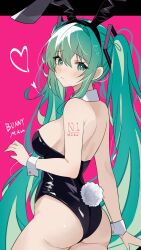 Rule 34 | 1girl, absurdres, animal ears, black leotard, blush, breasts, coco irasuto, detached collar, fake animal ears, fake tail, green eyes, green hair, hair ornament, hatsune miku, highleg, highleg leotard, highres, large breasts, leotard, long hair, looking at viewer, number tattoo, pink background, playboy bunny, rabbit ears, rabbit tail, simple background, solo, strapless, strapless leotard, tail, tattoo, twintails, vocaloid, wrist cuffs