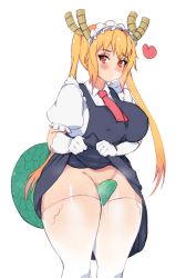 Rule 34 | 1girl, between legs, blonde hair, blush, breasts, clothes lift, collared shirt, covered erect nipples, covering privates, covering crotch, dot nose, dragon, dragon girl, dragon horns, dragon tail, elbow gloves, female masturbation, gloves, gradient hair, heart, heart-shaped pupils, highres, horns, keigi, kobayashi-san chi no maidragon, large breasts, lifted by self, long hair, looking at viewer, looking to the side, maid, maid headdress, masturbation, multicolored hair, necktie, open mouth, orange eyes, puffy short sleeves, puffy sleeves, pussy juice, scales, shirt, short sleeves, skirt, skirt lift, solo, standing, symbol-shaped pupils, tail, tail between legs, tail censor, thick thighs, thighhighs, thighs, tohru (maidragon), tsurime, twintails, white background, white gloves