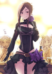 Rule 34 | 3girls, @ @, alcohol, beatrice (princess principal), belt, black gloves, blush, bottle, bow, breast envy, breasts, brown hair, cleavage cutout, clenched teeth, closed mouth, clothing cutout, dorothy (princess principal), double bun, flower, glass, gloves, grin, hair bun, hair flower, hair ornament, large breasts, leotard, long hair, long sleeves, looking at viewer, multiple girls, parted bangs, partially colored, princess principal, purple bow, purple eyes, sidelocks, skirt, smile, standing, swept bangs, teeth, toudou chise, tsuta no ha, v-shaped eyebrows, whiskey